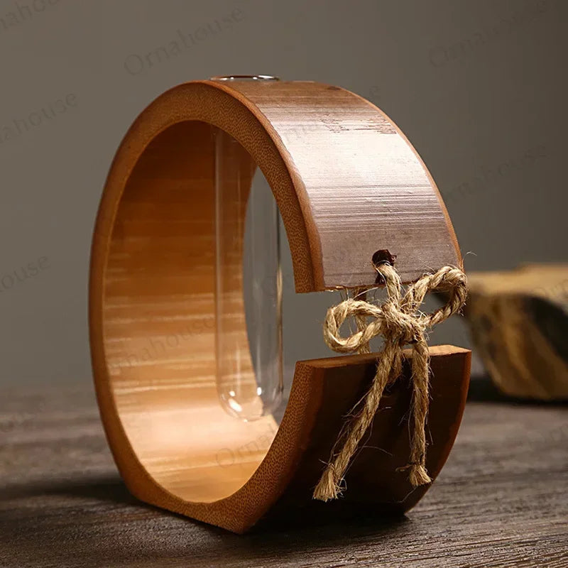 Handmade Bamboo Vase with Wooden Frame Retro Flowerpot for Bonsai Plant Home Decoration Tabletop Ornament