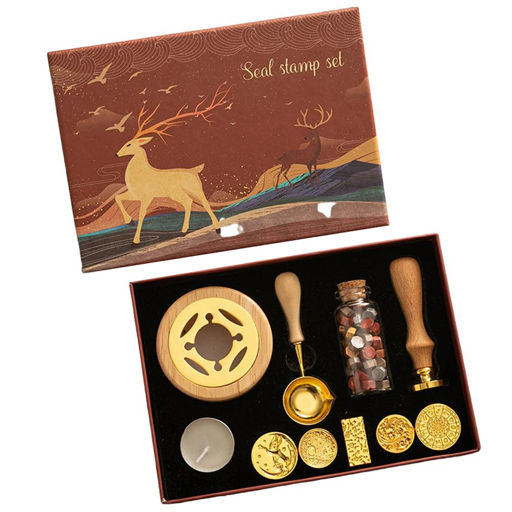 Wax Seal Stamp Kit with 6pcs Seal Stamp and Bottle of Wax Beads  Spoon/Candle/Wax Melt Warmer for Christmas Vintage Envelopes