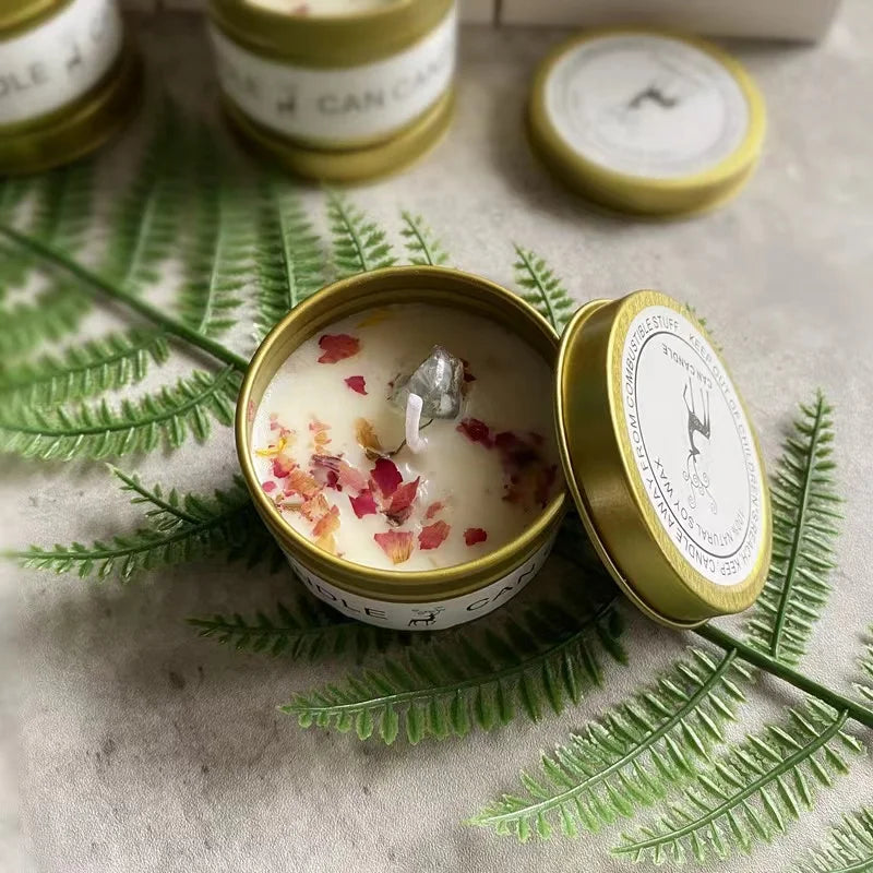 1PC Crystal Stone Aromatherapy Candle Plant Essential Oil Soybean Iron Can Candle Dry Flower