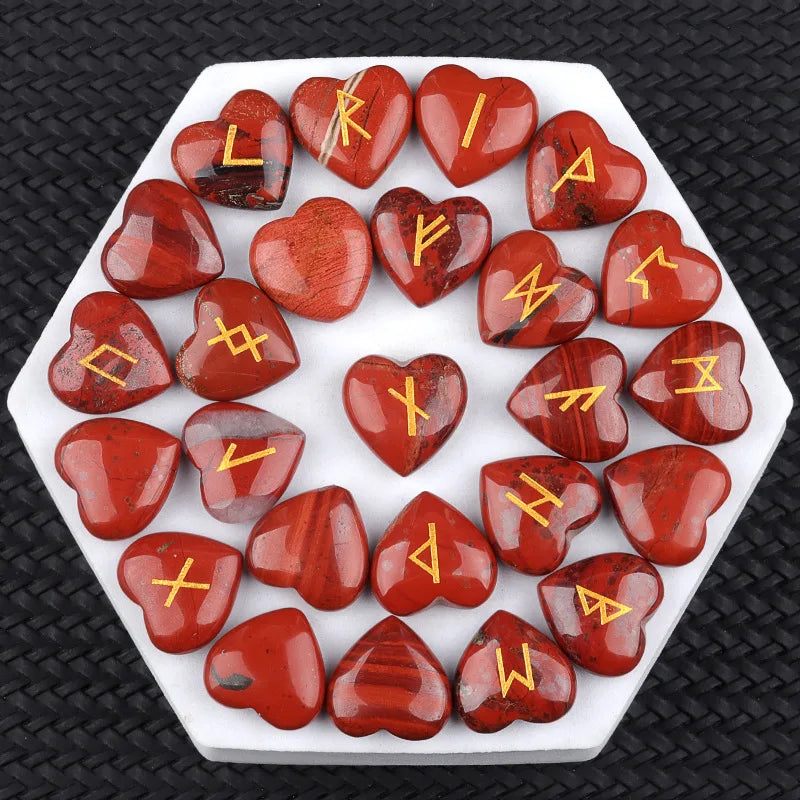 20mm Heart Shape Crystal Rune Stones Set 25pcs Quartz Agate Reiki Healing Crystals Engraved Elder Futhark Viking Alphabet Runes