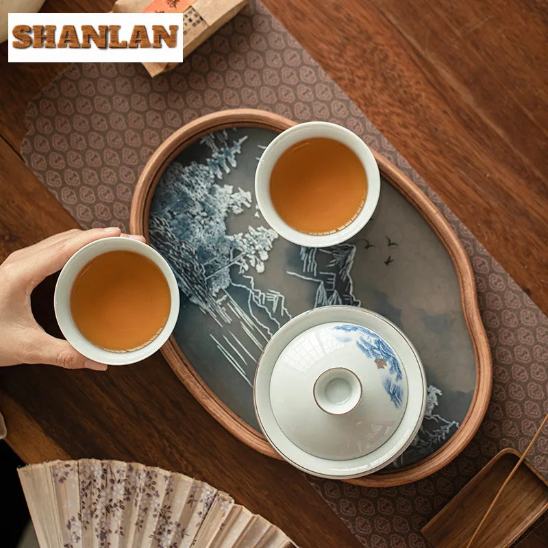 Blue And White Landscape Handmade Ceramic Sancai Tea Set Complete Set Zen Tea Ceremony Set Teapot And Tea Cup Set Tea Services