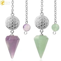 CSJA Natural Stone Cone Pendulum Reiki Amethyst Pink Crystal Gem Stone Pendulo for Dowsing Dinvination Healing Quartz H624