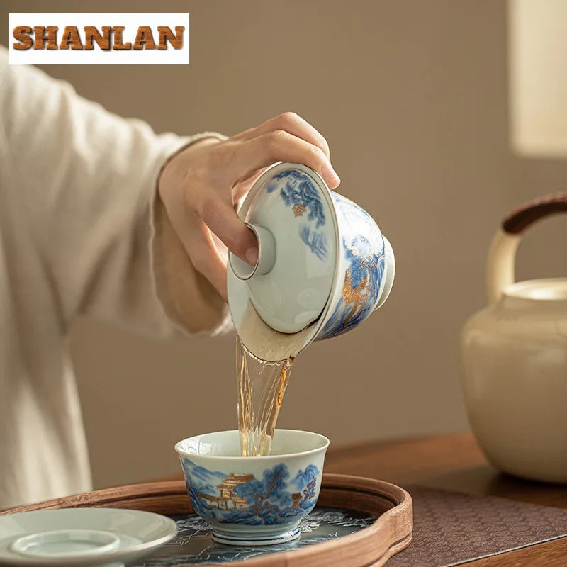 Blue And White Landscape Handmade Ceramic Sancai Tea Set Complete Set Zen Tea Ceremony Set Teapot And Tea Cup Set Tea Services