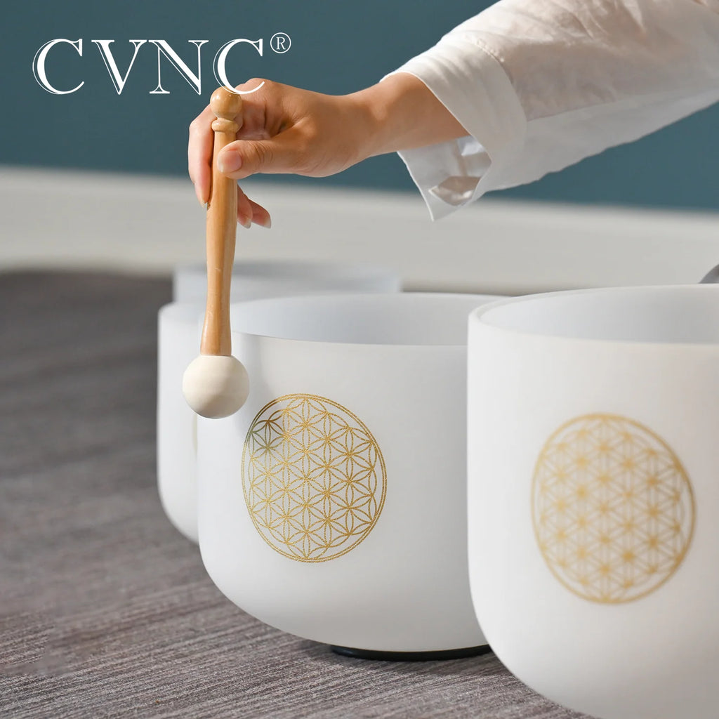 CVNC 6-12" Flower of Life pattern Frosted Quartz Crystal Singing Bowls Set  7Pcs Chakra for Sound Healing with Bags