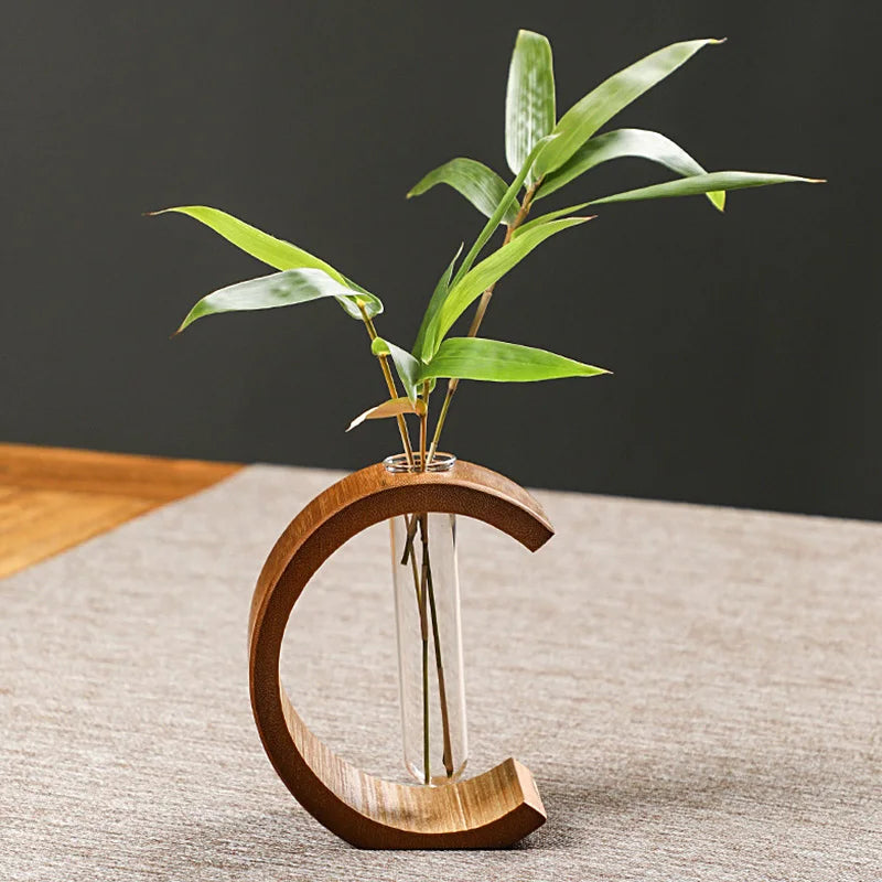 Handmade Bamboo Vase with Wooden Frame Retro Flowerpot for Bonsai Plant Home Decoration Tabletop Ornament