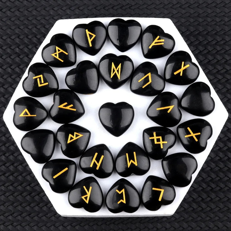 20mm Heart Shape Crystal Rune Stones Set 25pcs Quartz Agate Reiki Healing Crystals Engraved Elder Futhark Viking Alphabet Runes