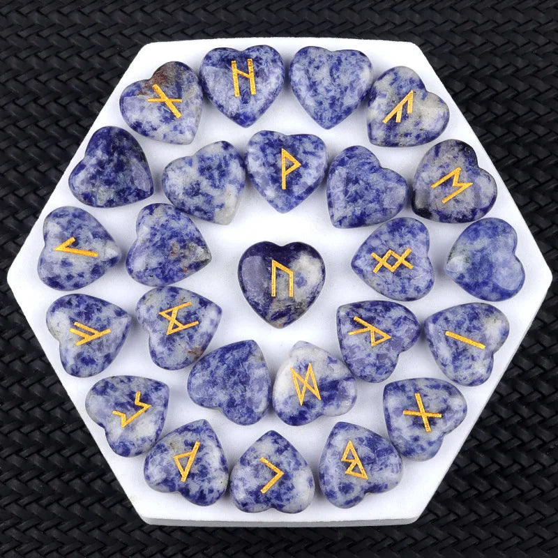 20mm Heart Shape Crystal Rune Stones Set 25pcs Quartz Agate Reiki Healing Crystals Engraved Elder Futhark Viking Alphabet Runes