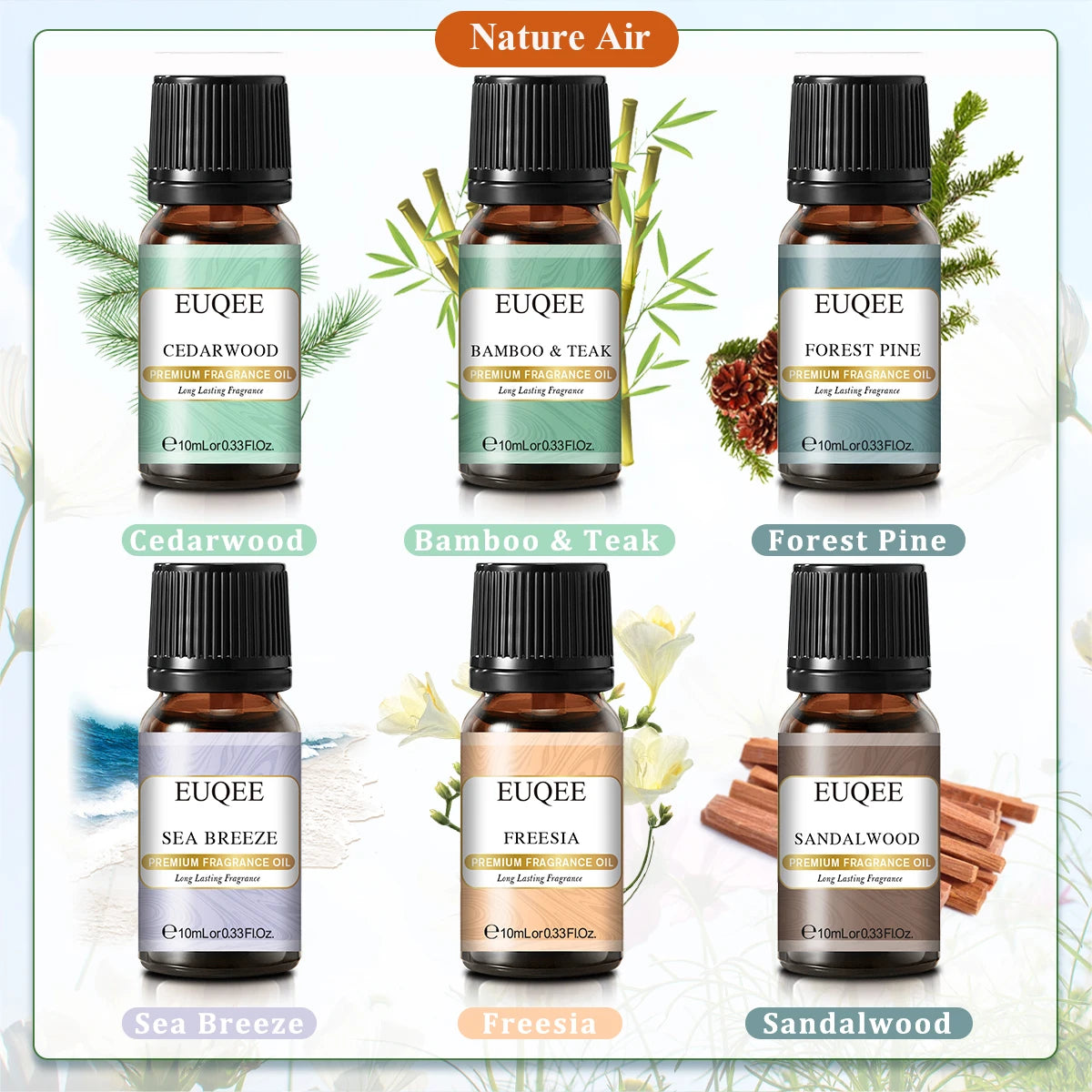 EUQEE 6PCS Aromatherapy Fragrance Oil Gift Set Coffee Fruit Series Essential Oils 10ml Strawberry Cherry Pumpkin Pie Leather