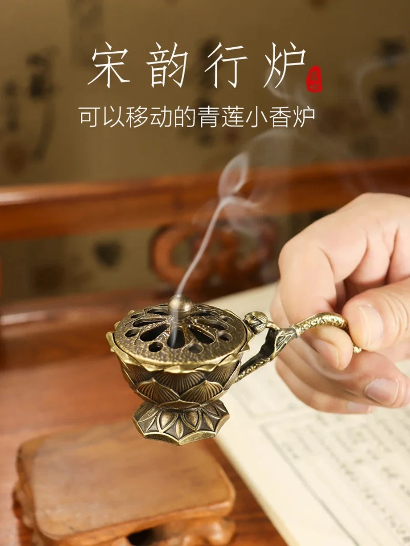 Lotus Flower Incense Burner With Handle Retro Copper Lotus Hollow Out Incense Stick Burner Brass Small Metal Craft Home Decor