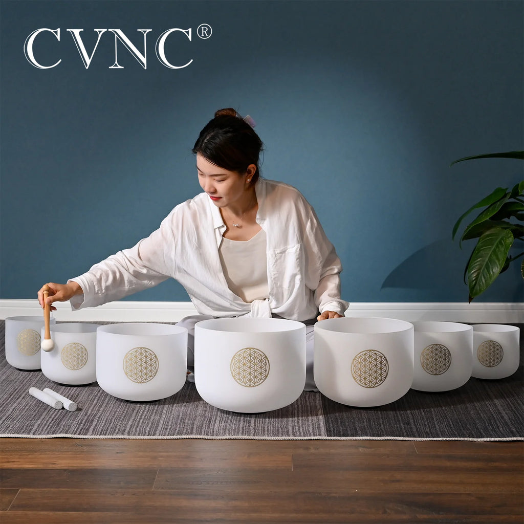 CVNC 6-12" Flower of Life pattern Frosted Quartz Crystal Singing Bowls Set  7Pcs Chakra for Sound Healing with Bags