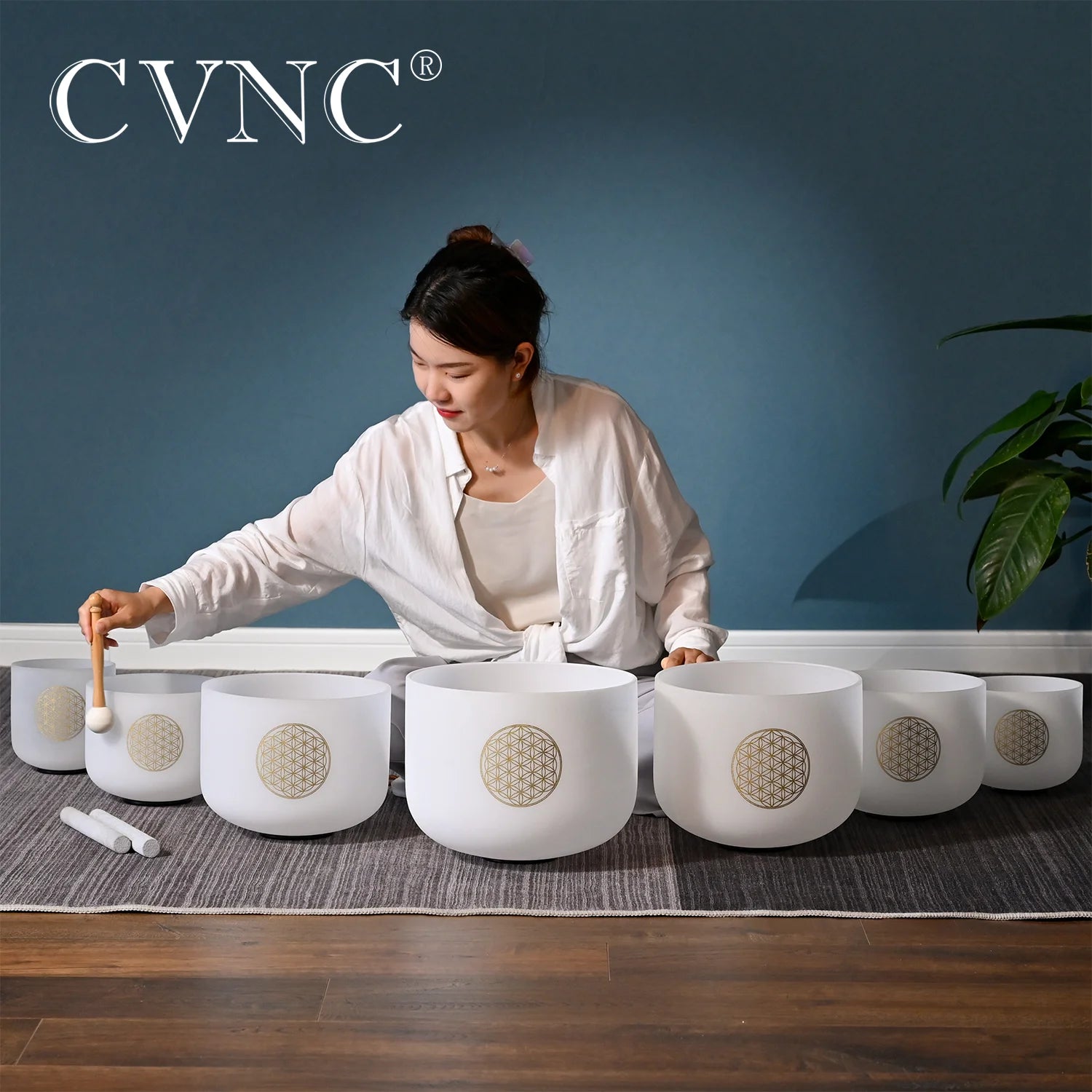 CVNC 6-12" Flower of Life pattern Frosted Quartz Crystal Singing Bowls Set  7Pcs Chakra for Sound Healing with Bags