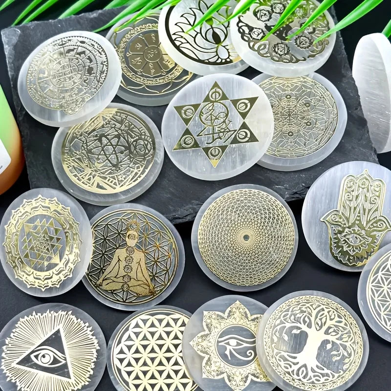 1pc Natural Selenite Slice Irregular Crystal Stone - Mixed Style Boho Star Moon Tree Flower Golden Tray Jewelry Accessories Art