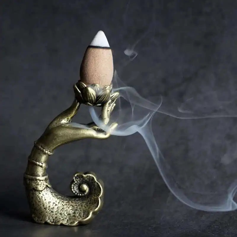 Copper Hand Lotus Backflow Incense Burner Aromatherapy Holder