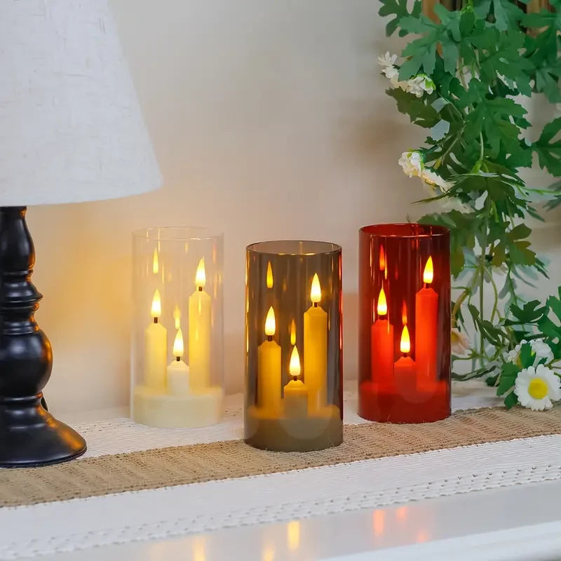 3in1 Flameless Taper Short Candles with Acrylic Lampshade Battery Operated LED Pillar Flickering Candles for Wedding Halloween