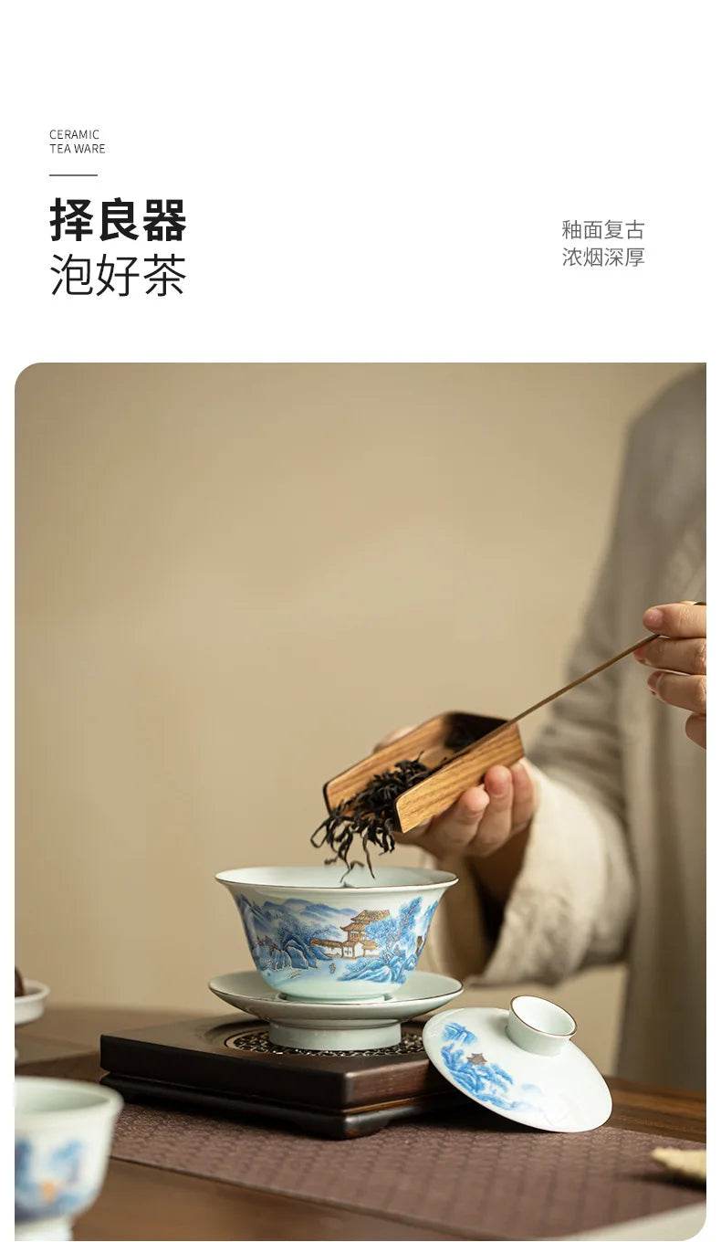 Blue And White Landscape Handmade Ceramic Sancai Tea Set Complete Set Zen Tea Ceremony Set Teapot And Tea Cup Set Tea Services
