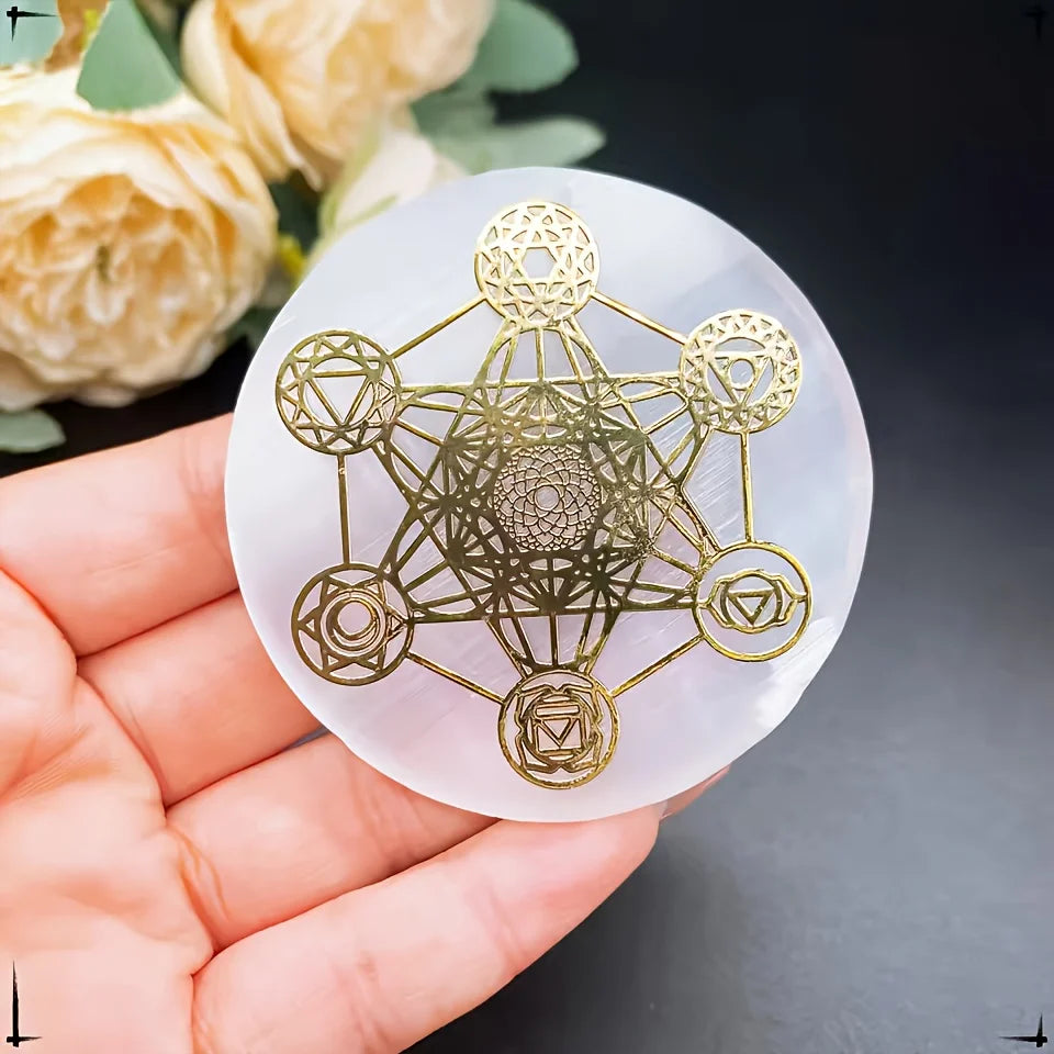 1pc Natural Selenite Slice Irregular Crystal Stone - Mixed Style Boho Star Moon Tree Flower Golden Tray Jewelry Accessories Art