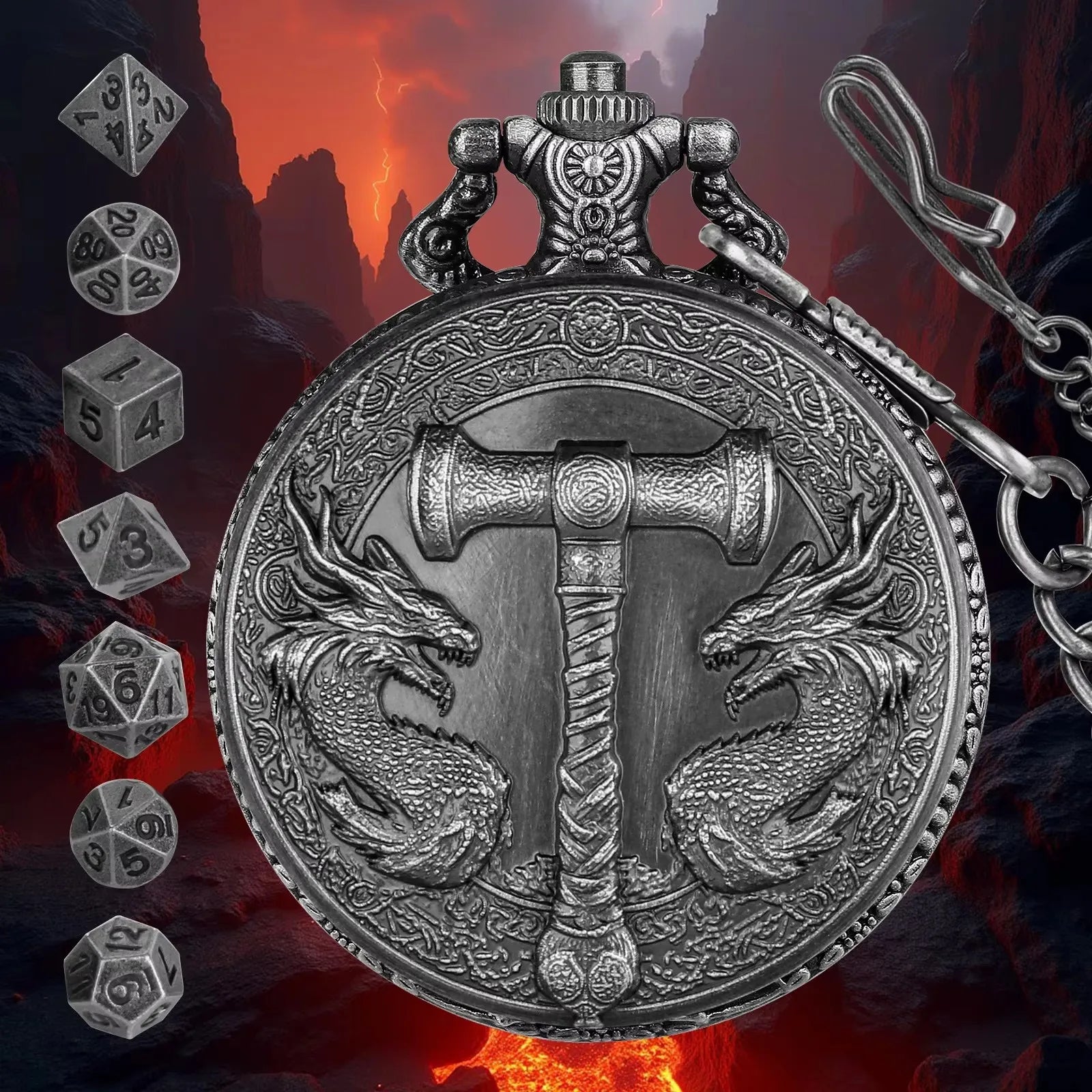 Retro Hammer Double Dragon DND Dice Jewelry Pocket Watch Case with 7pcs Metal Dice for Dungeons & Dragons RPG Dice Pendant