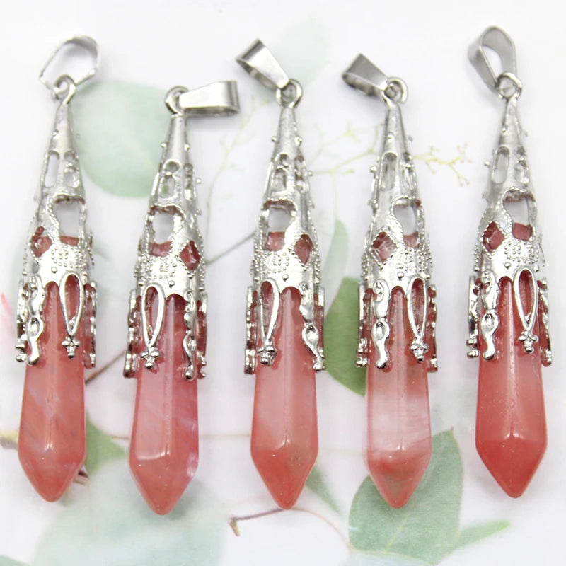 10pcs Crystal Pendulums for Dowsing Divination Natural Gem Stone Quartz Crystal Obsidian Hexagon Pendant For DIY Jewelry Making