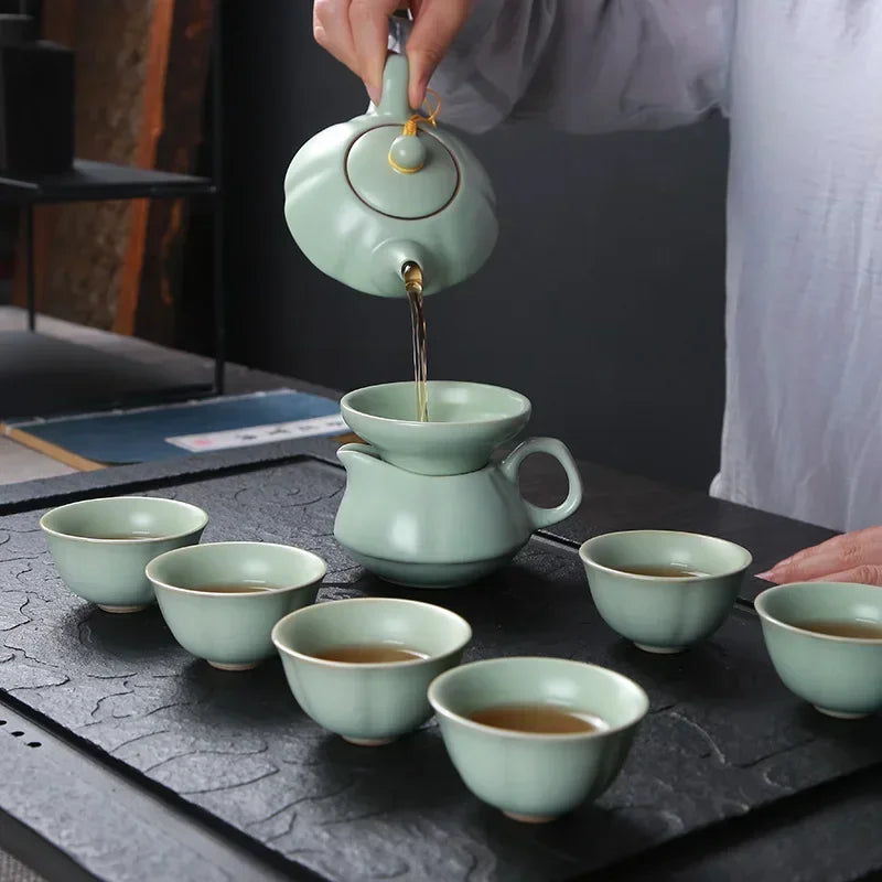 Creative Business Gift Ceramic Tea Set Teaware Geyao Ru Kiln A Pot of Six Cups of Tea Cups with Hand Gift Box Japanese TeaSet