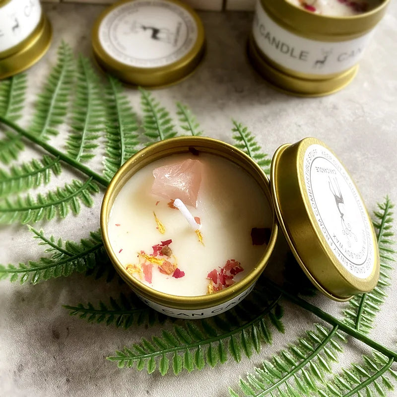 1PC Crystal Stone Aromatherapy Candle Plant Essential Oil Soybean Iron Can Candle Dry Flower