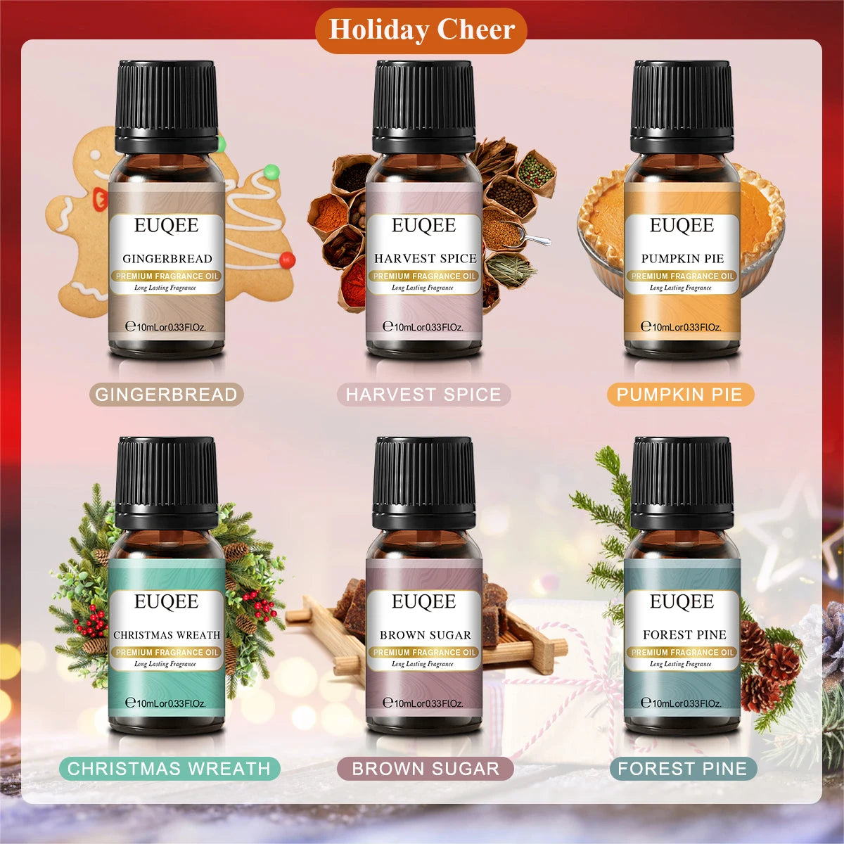 EUQEE 6PCS Aromatherapy Fragrance Oil Gift Set Coffee Fruit Series Essential Oils 10ml Strawberry Cherry Pumpkin Pie Leather