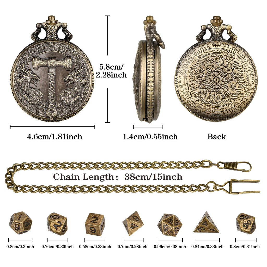 Retro Hammer Double Dragon DND Dice Jewelry Pocket Watch Case with 7pcs Metal Dice for Dungeons & Dragons RPG Dice Pendant