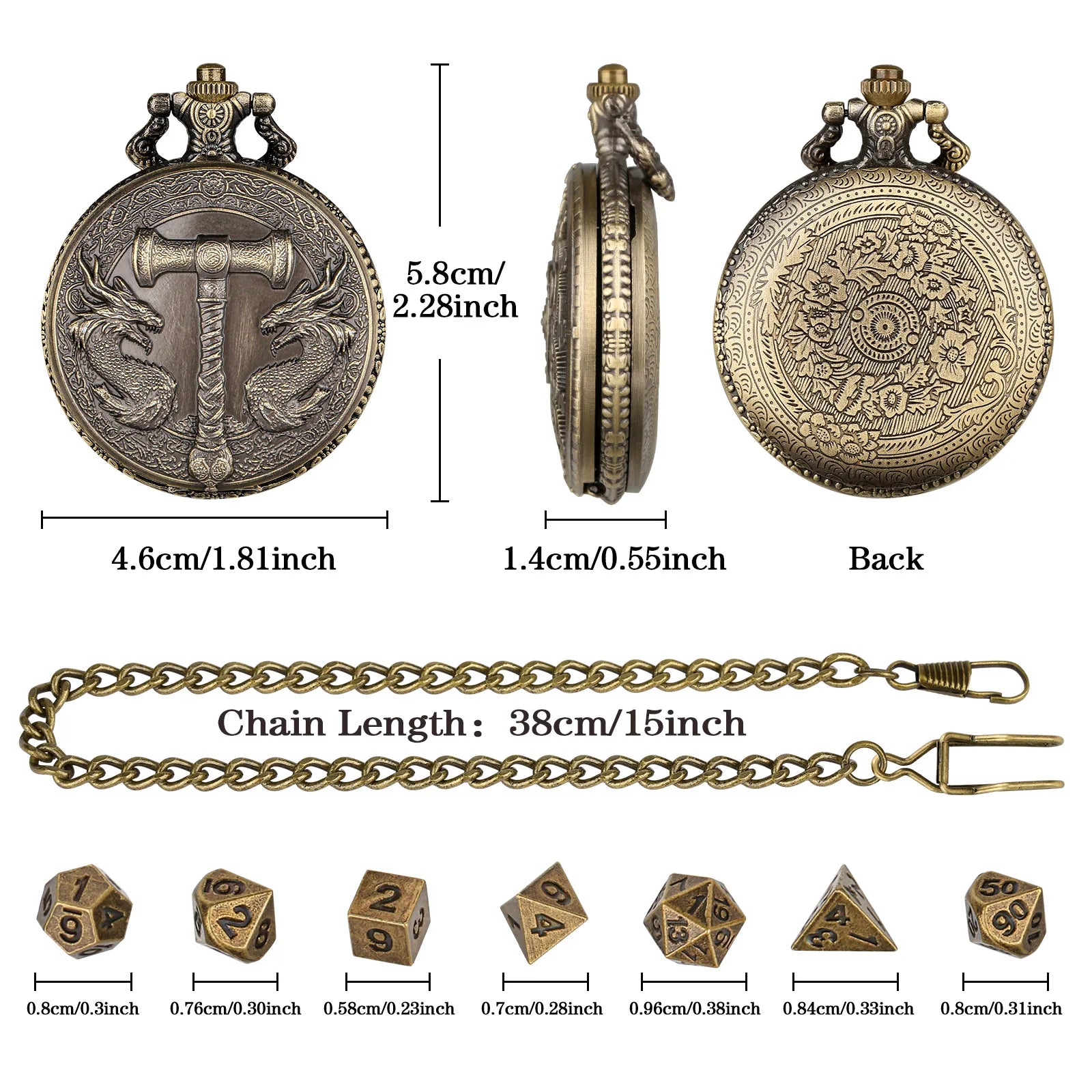 Retro Hammer Double Dragon DND Dice Jewelry Pocket Watch Case with 7pcs Metal Dice for Dungeons & Dragons RPG Dice Pendant