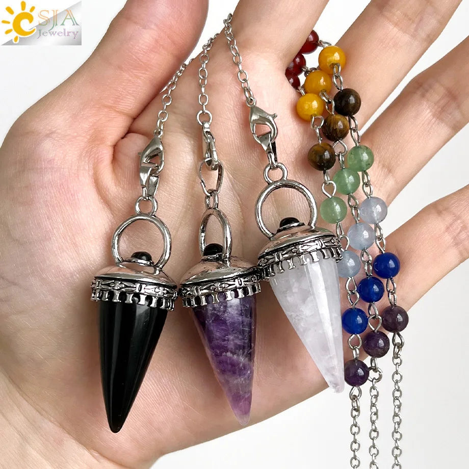 CSJA Natural Stone Cone Pendulum Reiki Amethyst Pink Crystal Gem Stone Pendulo for Dowsing Dinvination Healing Quartz H624