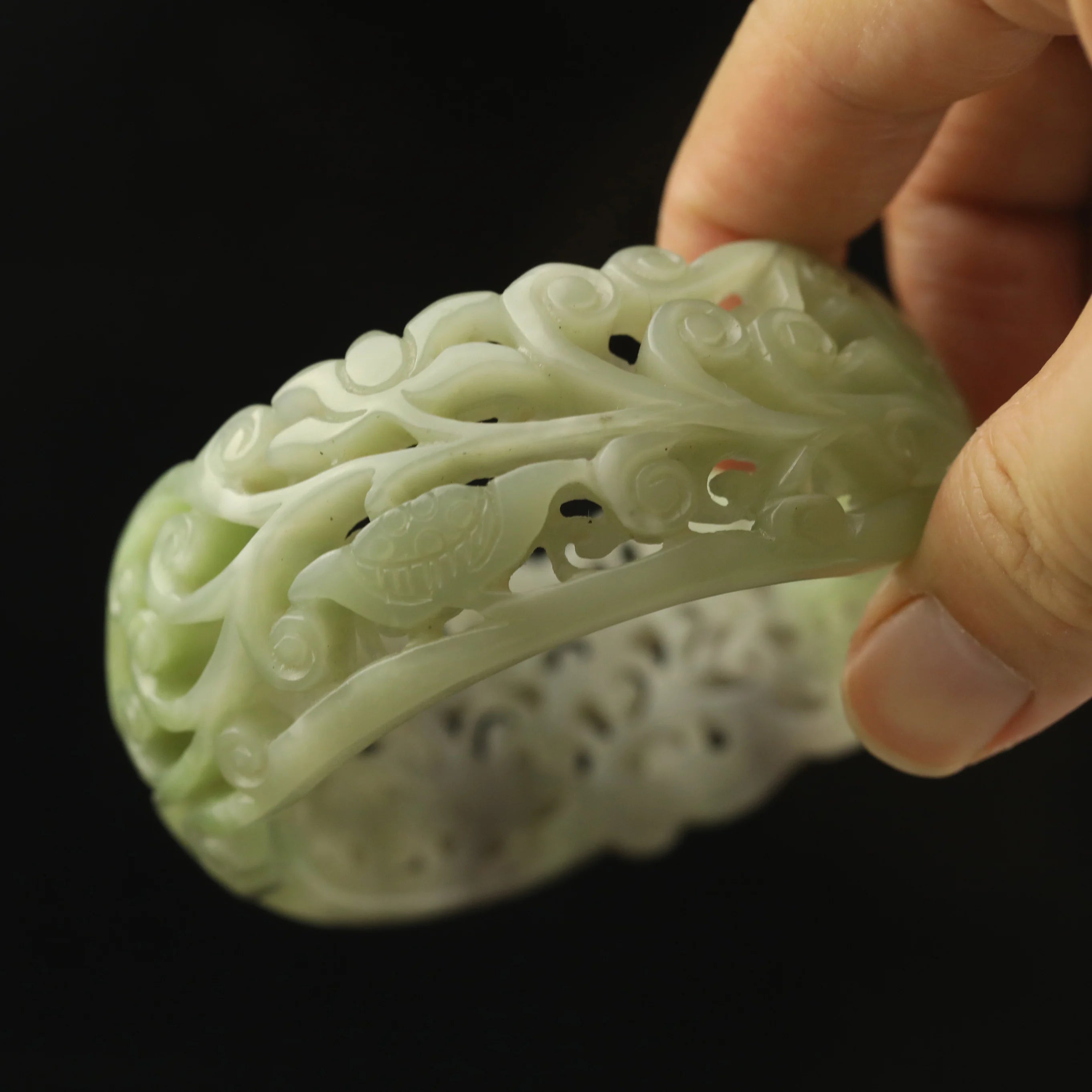 China natural hetian green jade hand carved flower bracelet bangle d
