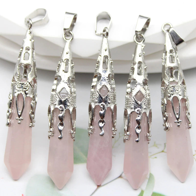 10pcs Crystal Pendulums for Dowsing Divination Natural Gem Stone Quartz Crystal Obsidian Hexagon Pendant For DIY Jewelry Making