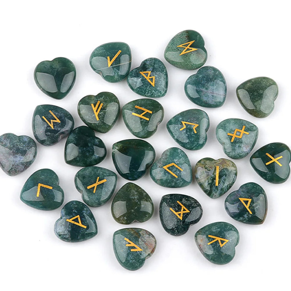 20mm Heart Shape Crystal Rune Stones Set 25pcs Quartz Agate Reiki Healing Crystals Engraved Elder Futhark Viking Alphabet Runes