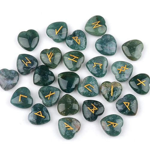 20mm Heart Shape Crystal Rune Stones Set 25pcs Quartz Agate Reiki Healing Crystals Engraved Elder Futhark Viking Alphabet Runes
