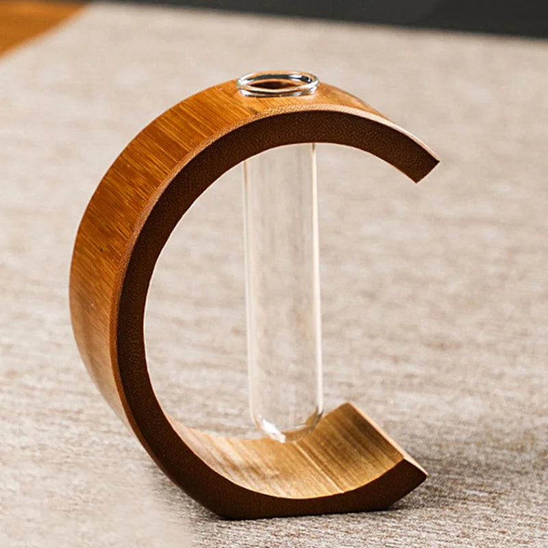 Handmade Bamboo Vase with Wooden Frame Retro Flowerpot for Bonsai Plant Home Decoration Tabletop Ornament
