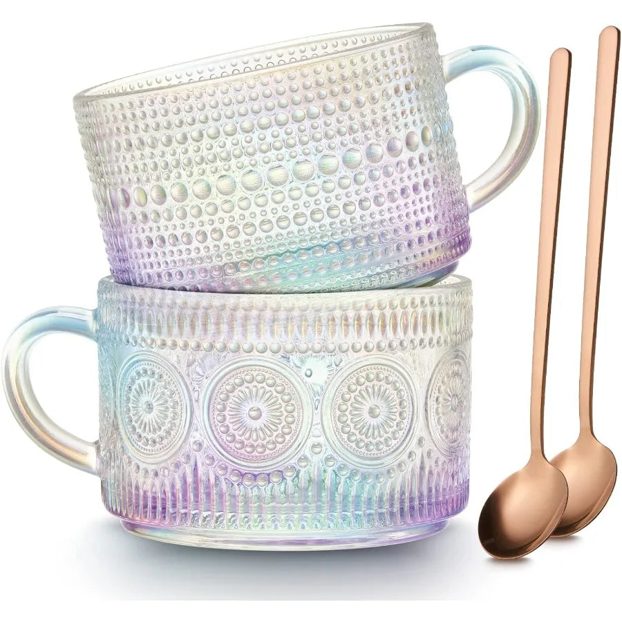 Vintage Coffee Mugs Set of 2 14 oz Iridescent Embossed Glass Tea Cups with Handle for Cappuccino Latte Hot or Cold Beverages -