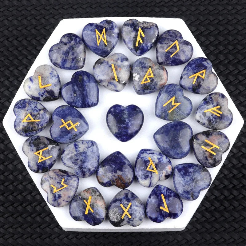 20mm Heart Shape Crystal Rune Stones Set 25pcs Quartz Agate Reiki Healing Crystals Engraved Elder Futhark Viking Alphabet Runes