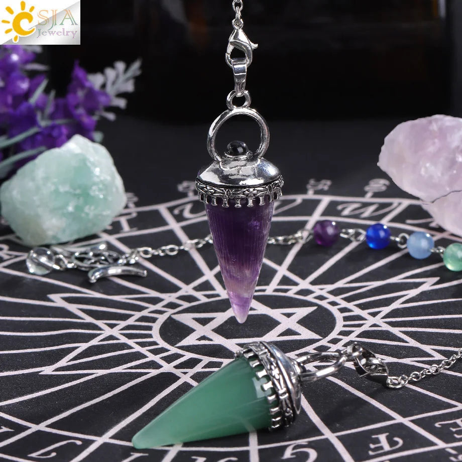 CSJA Natural Stone Cone Pendulum Reiki Amethyst Pink Crystal Gem Stone Pendulo for Dowsing Dinvination Healing Quartz H624