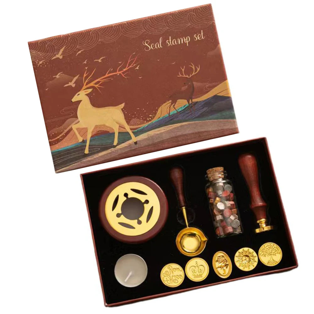 Wax Seal Stamp Kit with 6pcs Seal Stamp and Bottle of Wax Beads  Spoon/Candle/Wax Melt Warmer for Christmas Vintage Envelopes