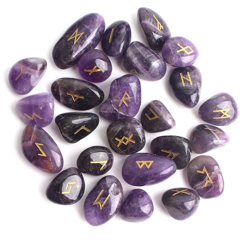 Natural Crystal Rune Stones Set 25pcs Quartz Agate Crystal Stone Witches Reiki Healing Energy Rune Letter Crystal Carving Crafts