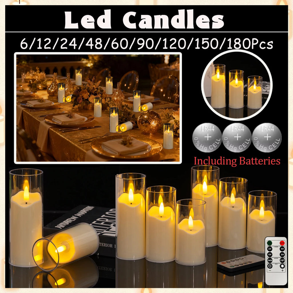 6-180PCS  Led Flameless Artificial Candles Acrylic Cup Led Candles Battery Operated Candle for Wedding Concert Activities Decor