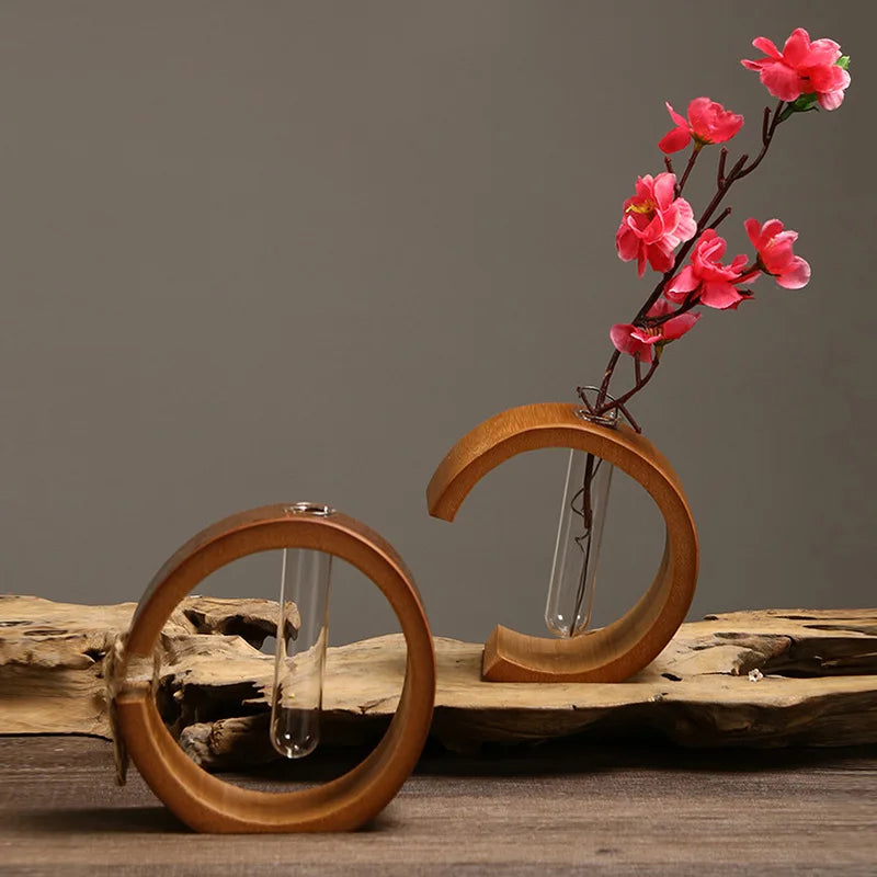 Handmade Bamboo Vase with Wooden Frame Retro Flowerpot for Bonsai Plant Home Decoration Tabletop Ornament