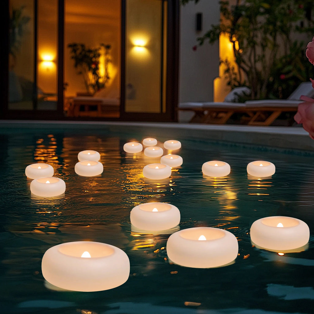 Waterproof Flameless Floating Tealights 120+Hour Warm White Battery Flickering LED Tea Lights Candles Wedding Party Pool & SPA