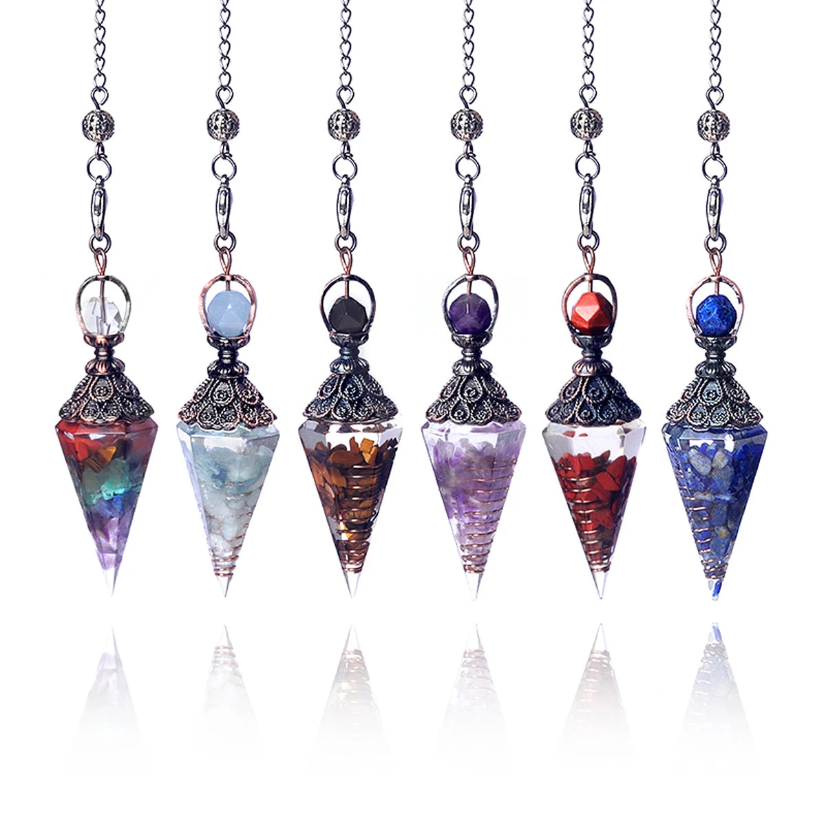 Natural Stone Crystal Pendulum Necklaces Hexagonal Cone Crushed Stone Amethysts Rose Quartz Chakra Pendant Jewelry Accessories