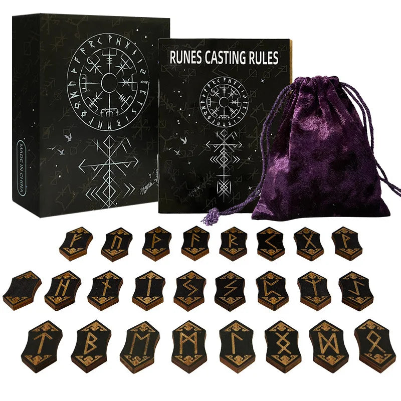 Wooden Rune Stone Set 25pcs Viking Norse Divination Kit with Guide Book Velvet Bag Spiritual Runes Beginners Meditation Ritual
