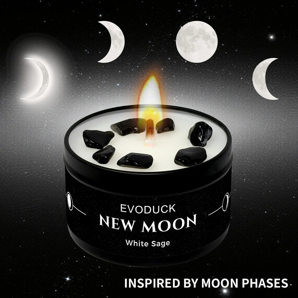 New Moon Scented Candles White Sage 3oz  Soy Wax Scented Candle Black Tin with Black Crystal Chips christmas gift gift for woman
