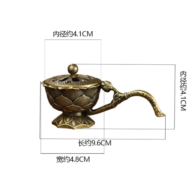 Lotus Flower Incense Burner With Handle Retro Copper Lotus Hollow Out Incense Stick Burner Brass Small Metal Craft Home Decor