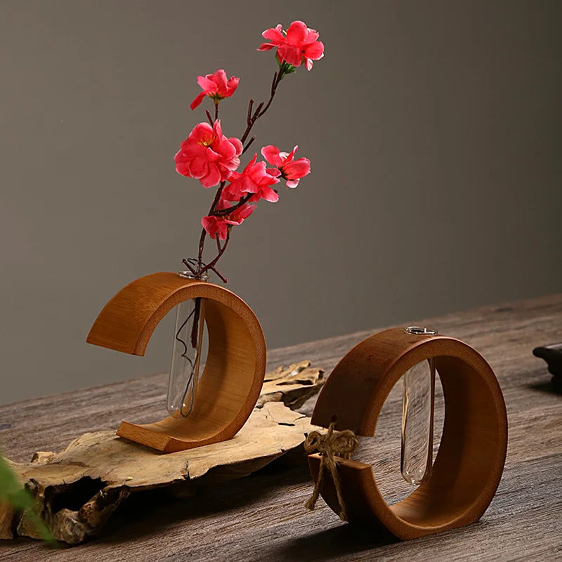 Handmade Bamboo Vase with Wooden Frame Retro Flowerpot for Bonsai Plant Home Decoration Tabletop Ornament
