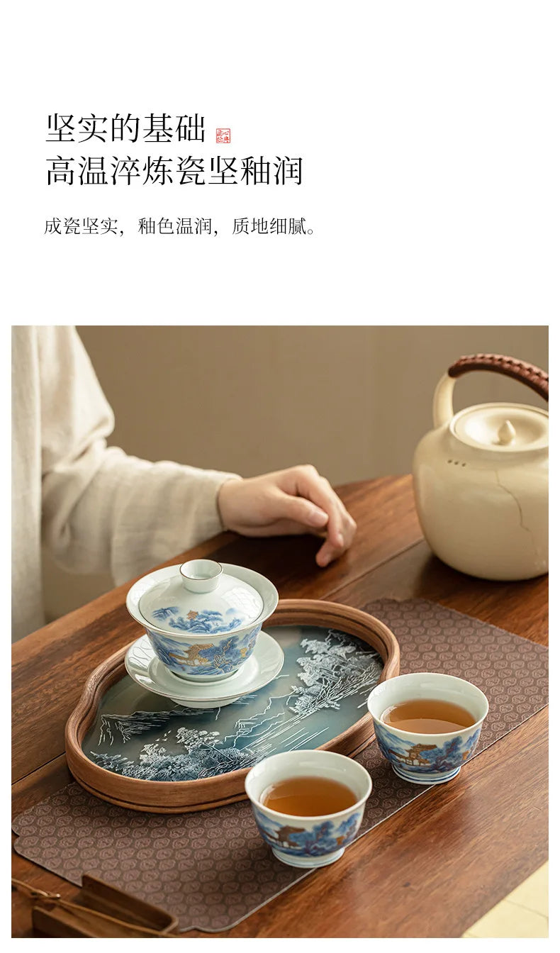 Blue And White Landscape Handmade Ceramic Sancai Tea Set Complete Set Zen Tea Ceremony Set Teapot And Tea Cup Set Tea Services