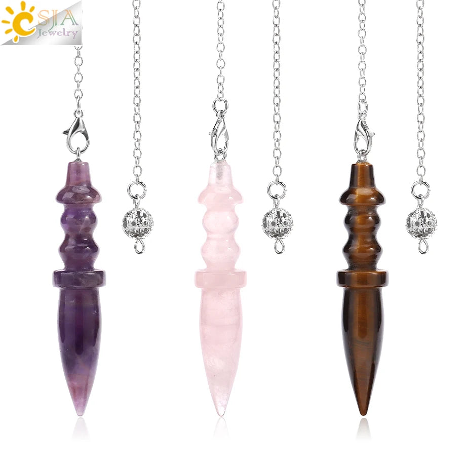 CSJA Natural Stone Cone Pendulum Reiki Amethyst Pink Crystal Gem Stone Pendulo for Dowsing Dinvination Healing Quartz H624