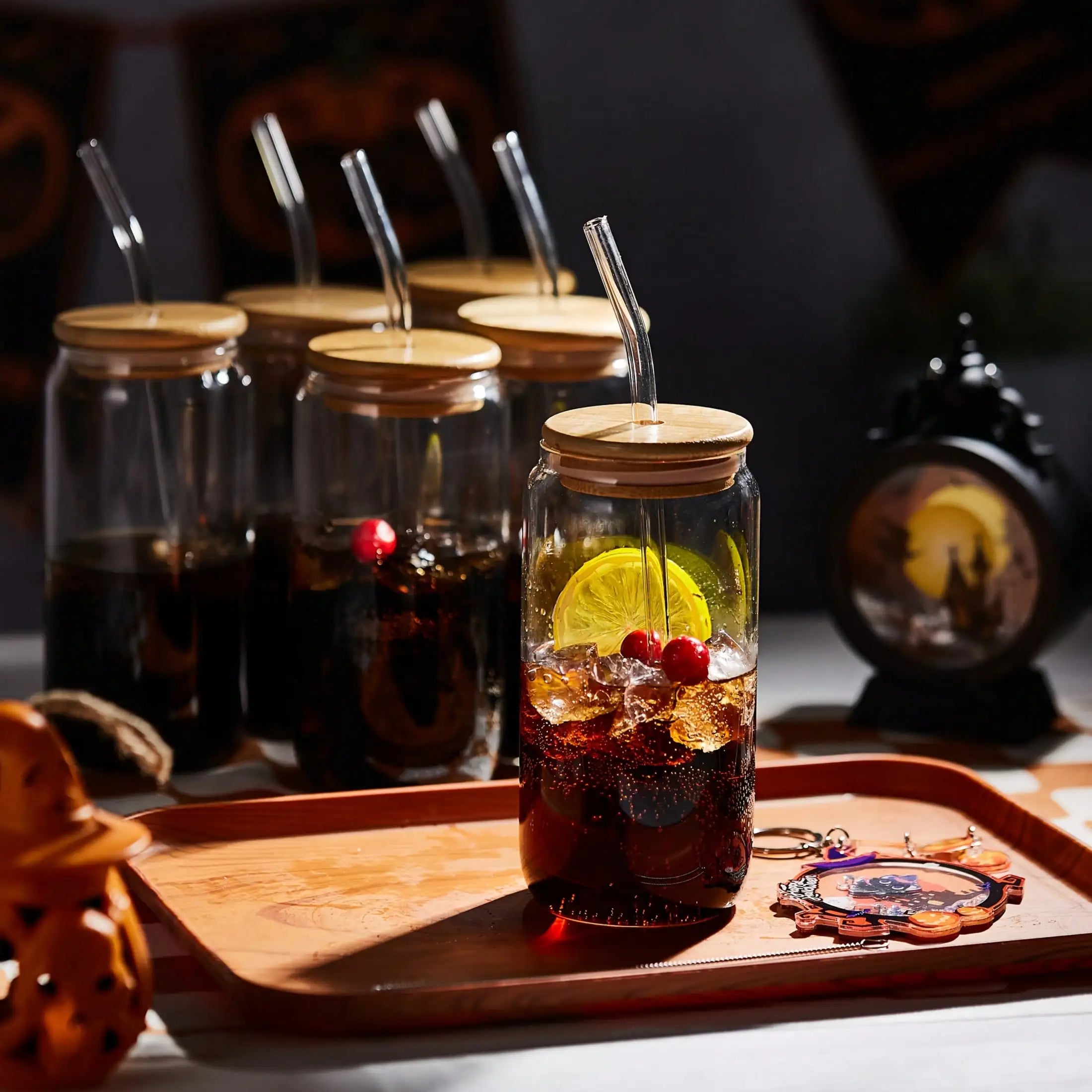 4PCS 16.5oz/488ml Can-Shaped Glass Cups - Bamboo Lid+Straw+Brush | For Iced Coffee/Milk Tea/Juice