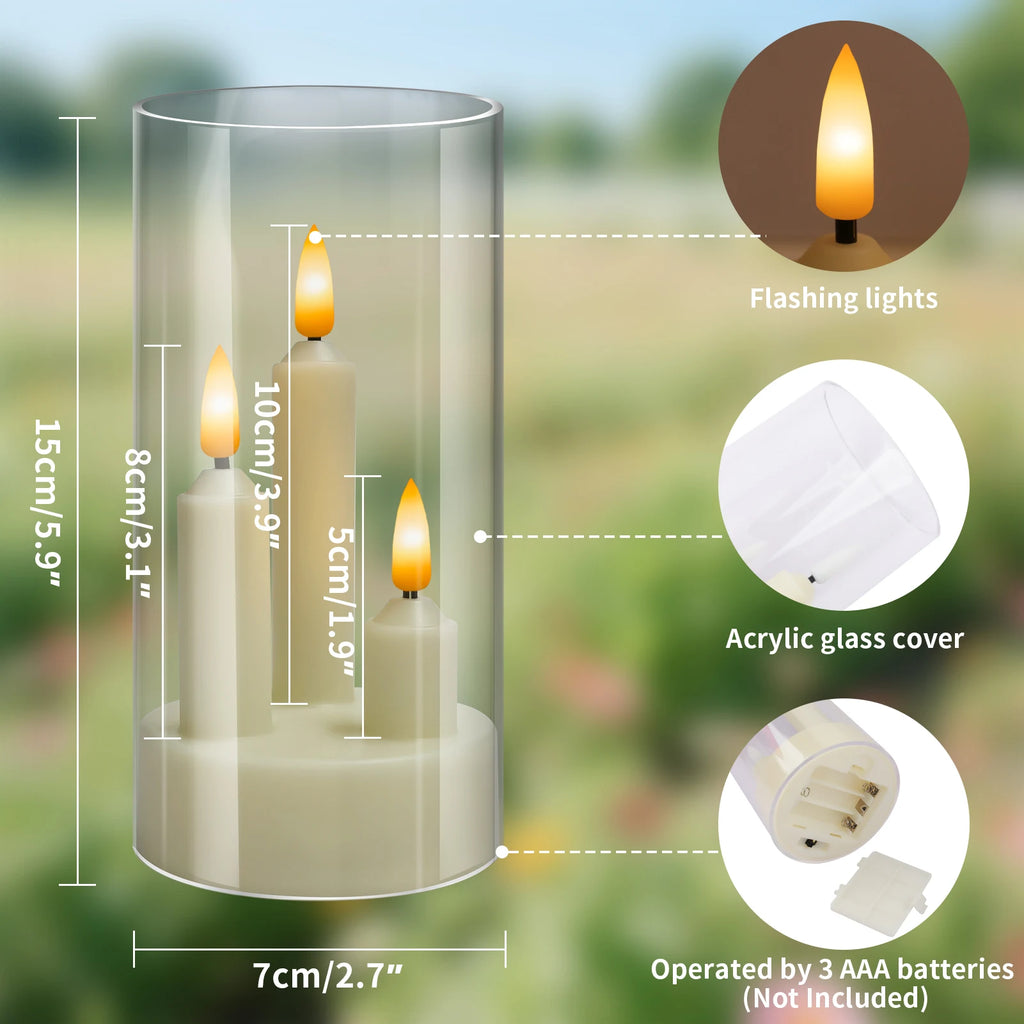 3in1 Flameless Taper Short Candles with Acrylic Lampshade Battery Operated LED Pillar Flickering Candles for Wedding Halloween